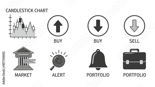 Financial Icons Representing Market Trends and Alerts.