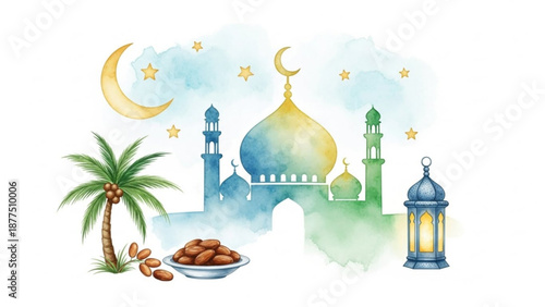 Ramadan Kareem watercolor illustration with mosque palm tree dates and lantern festive Islamic celebration concept