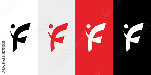 Modern abstract letter "F" logo design featuring a dynamic human silhouette or a person jumping with joy. This minimalist symbol represents growth, fitness, success, and vitality.