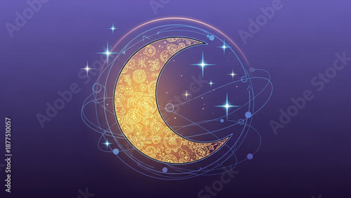 Golden crescent moon with sparkling stars and orbits mystical night sky illustration for fantasy and astrology themes cosmic background