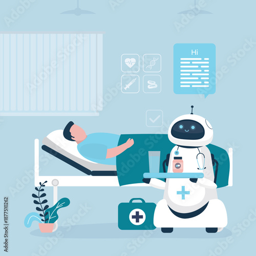 Human hospitalized with infection or virus. Robot holds medicines. Cyborg with AI examines sick man. Hospital ward interior. Сlinic with new technologies and medical services