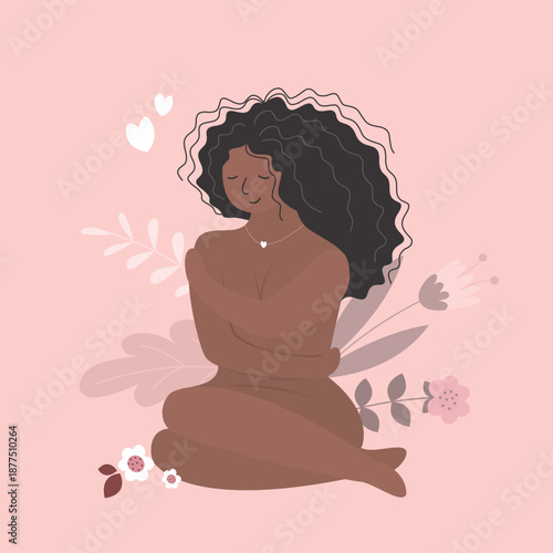 Naked girl with long hair sits. Cute young woman with naked body. Self-love, acceptance, and harmony. Beauty lady.