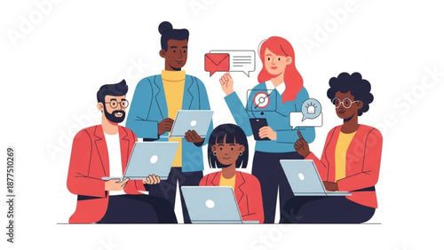 Diverse group of people collaborating with laptops and smartphones in a modern setting