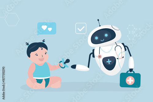 Little child talking medical robot. Chat bot assistant help doing medicine research and treatment. Cyborg doctor with ai support cute baby. modern technology