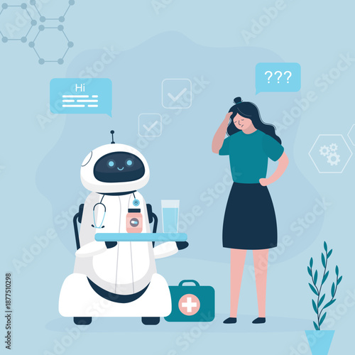 Sick woman talking medical robot. Chat bot assistant help doing medicine research and treatment. Cyborg doctor with ai support female patient. modern technology