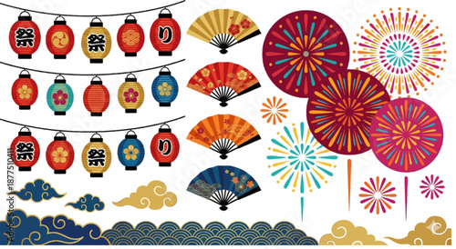 Colorful Asian fan, lantern and umbrella icon set featuring traditional festival elements and decorative designs
