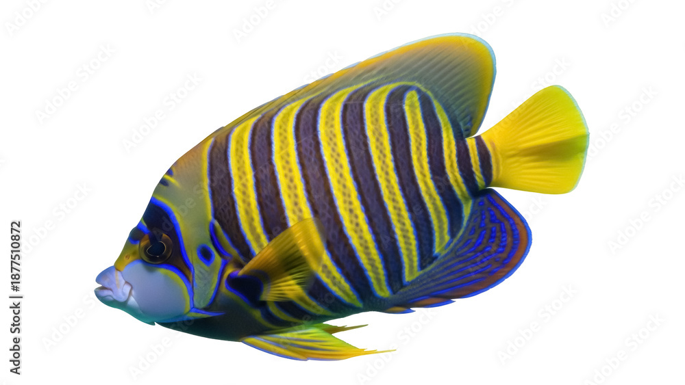Fototapeta premium Isolated Regal Angelfish, a vibrant tropical fish with distinctive blue and yellow stripes & fins