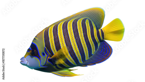 Isolated Regal Angelfish, a vibrant tropical fish with distinctive blue and yellow stripes & fins
