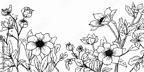 Seamless vintage floral pattern featuring a black and white background with hand-drawn nature sketches of flowers, leaves, and branches for wedding invitation wallpaper art design