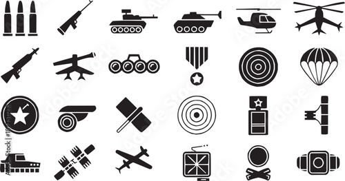 Conjunto de iconos vectoriales de temática militar: tanques, misiles, objetivos, defensa, estrategia, guerra en silueta negra.