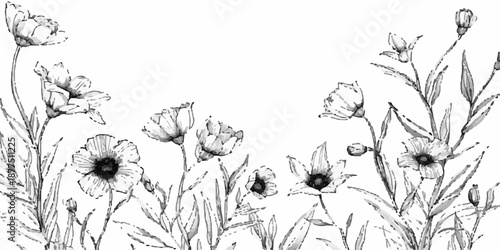 A vintage floral nature illustration featuring a seamless pattern of grass and summer garden flowers in a black ink sketch design