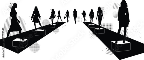 Black silhouette fashion models walking on runway with geometric patterns silhouettes