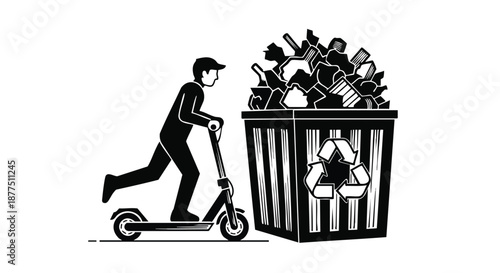 Man on electric scooter near overflowing recycling bin filled with plastic bottles and glass containers