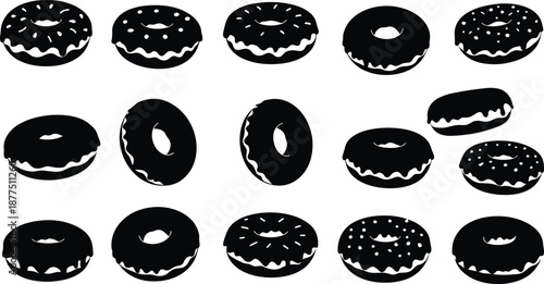 Black silhouette donuts with white icing and sprinkles in various arrangements doughnut
