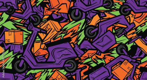 Vibrant seamless pattern of purple delivery scooters, orange packages, and green lightning bolts, illustrating fast urban logistics and modern transportation.