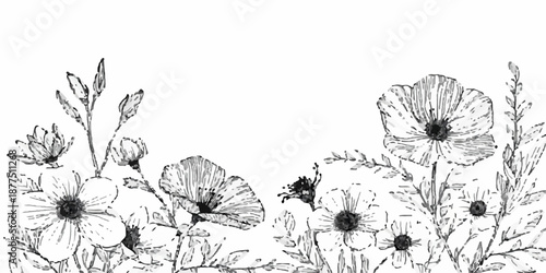 Seamless floral vector pattern featuring an artistic summer field of poppy flowers and blossoms with vintage nature elements for a beautiful spring wallpaper design