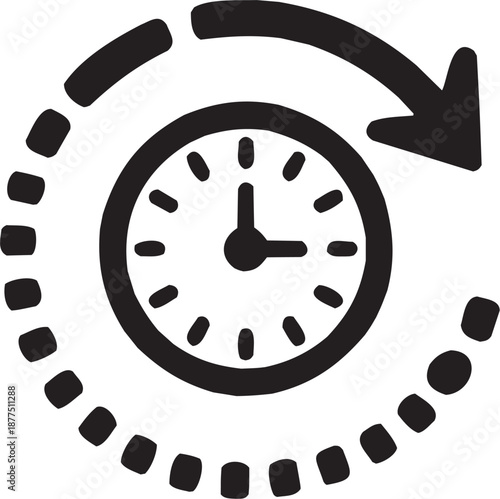 Conjunto de iconos vectoriales de gestión de tiempo: reloj, flecha, curva, gruesa, rotación, programación en silueta negra.