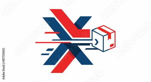 Fast delivery service logo with abstract red and blue motion lines and a moving cardboard box, representing express shipping and logistics.