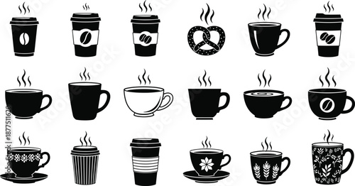 Collection of coffee cup and mug icons featuring steaming hot beverages, disposable to‑go cups, ceramic designs, café branding illustrations