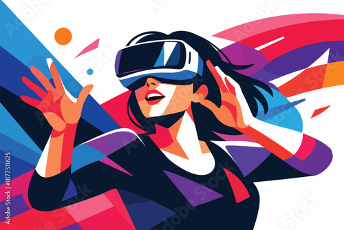 Vibrant stylized illustration of an excited woman in a VR headset with dynamic geometric shapes and flowing ribbons, symbolizing innovation, exploration, and futuristic lifestyle tech.