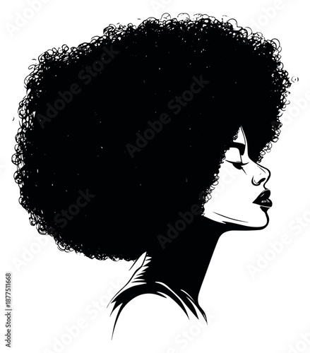 Stylized line art illustration of an African American woman depicting a serene profile with an afro hairstyle for beauty and empowerment concepts
