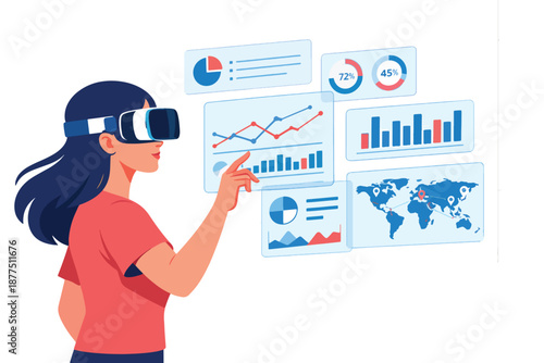 Businesswoman in VR headset interacting with futuristic data dashboards featuring charts, graphs, and world map. Concept of immersive analytics, big data visualization, and virtual technology.
