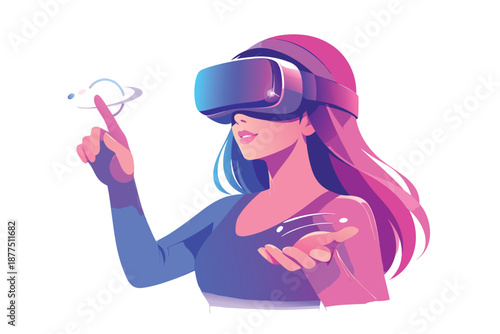 Colorful illustration of a woman wearing a virtual reality headset, hand pointing at a glowing digital ring, symbolizing immersion, futuristic technology, imagination, and innovation.