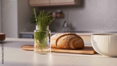 On the kitchen counter, there is fresh bread, a green herb jar, and a coffee cup.

