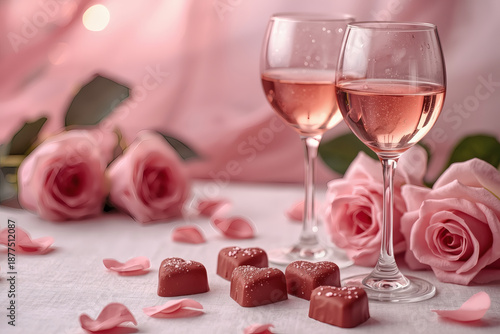 Concept for Valentine's Day. Close-up of two glasses of pink wine and chocolate candies surrounded by roses and hearts on Valentine's Day.