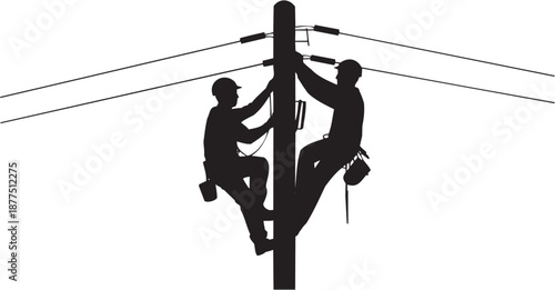 Conjunto de iconos vectoriales de servicio eléctrico: personas, poste, herramientas, energía, mantenimiento, trabajo en silueta negra.