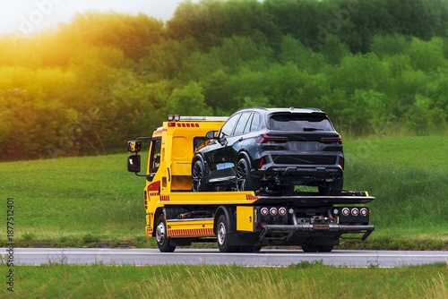 Car transporter truck delivers new SUV vehicle