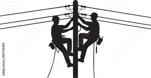 Conjunto de iconos vectoriales de servicio eléctrico: linieros, poste, herramientas, energía, trabajo, mantenimiento en silueta negra.