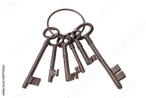 Keychain, keyring holder with old rusty keys isolated on transparent background