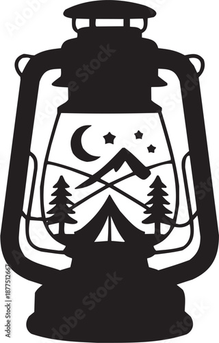 Conjunto de iconos vectoriales de paisaje nocturno: linterna, montañas, luna, árboles, naturaleza, escena en silueta negra.