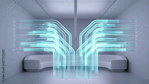 Streams of Glowing Data Moving in a Symmetrical White room
