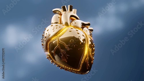 A golden anatomical heart with mechanical details