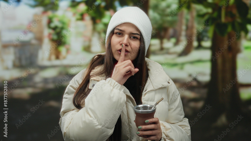 Naklejka premium Woman in park gestures silence wearing white hat and coat holding drink outdoors in serene natural setting implying quiet contemplation and peaceful atmosphere.