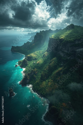 Coastal cliffs under stormy sky