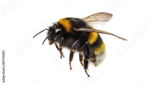 Isolated bumblebee in flight, side view – a cute insect with furry body, flying in warm weather