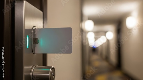 Hotel hallway with doors and warm lighting