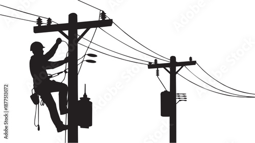 Conjunto de iconos vectoriales de infraestructura eléctrica: poste, transformadores, cables, energía, red, tensión en silueta negra.