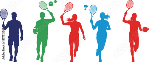 Diverse athletes in silhouette holding sports equipment in vibrant colors tennis