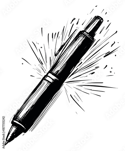 Hand drawn illustration of a ballpoint pen depicting an energetic burst for creativity and writing