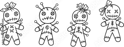 Four black and white line art voodoo dolls with pins and stitched details needles