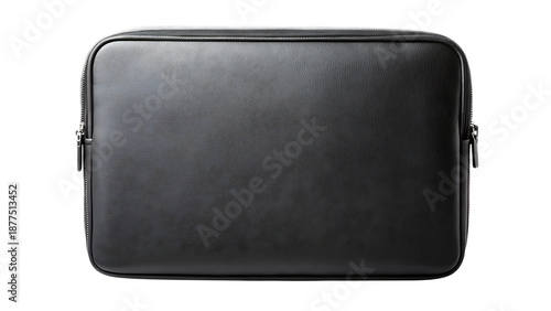 Black leather laptop sleeve with silver zippers isolated on a transparent background accessory