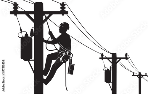 Conjunto de iconos vectoriales de servicio eléctrico: liniero, poste, escalada, herramientas, energía, mantenimiento en silueta negra.