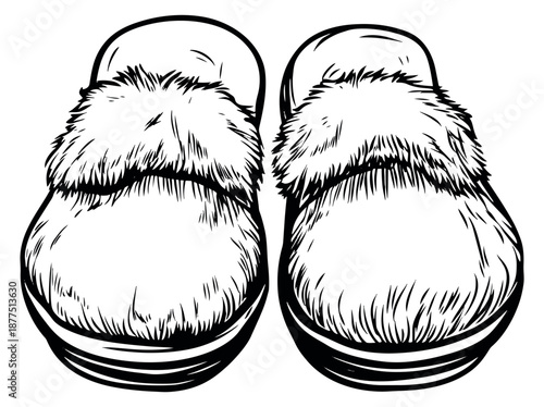 Hand drawn line art slippers set featuring a fuzzy texture for home comfort