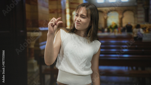 Woman pinches thumb and forefinger together while squinting inside a church building; skepticism small gesture. Free Download Woman pinches thumb and forefinger together while squinting inside a church building; skepticism small gesture. - GFXLoad