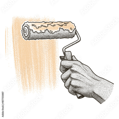 hand holding paint roller applying beige color to wall in retro halftone stipple effect style