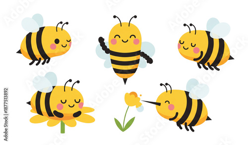 Cute bee cartoon flat vector illustration set isolated on transparent background